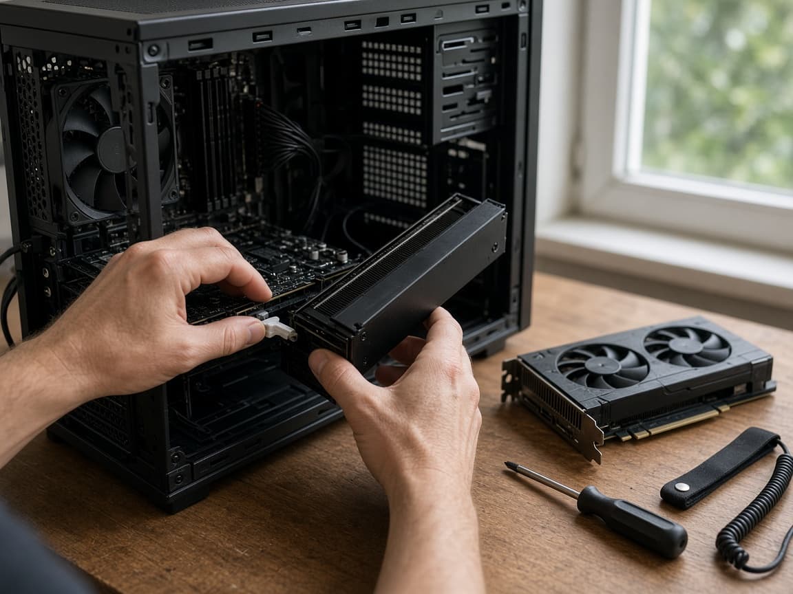 Symbolbild: Hände bauen eine Grafikkarte aus einem PC-Gehäuse aus, eine zweite Karte liegt bereit auf dem Schreibtisch