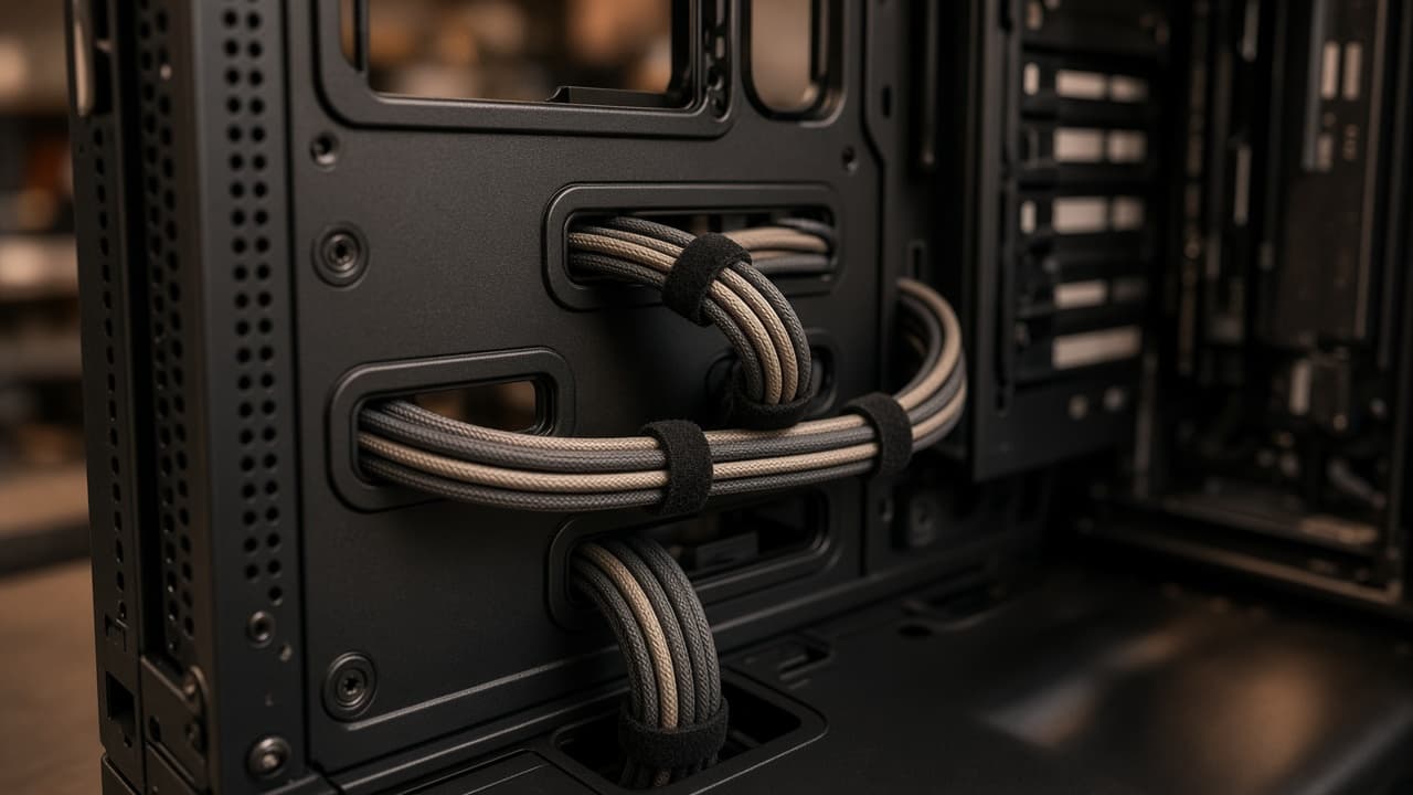 Symbolbild: Sauber mit Klettband gebündelte Kabel hinter dem Mainboard-Tray eines ATX-Gehäuses