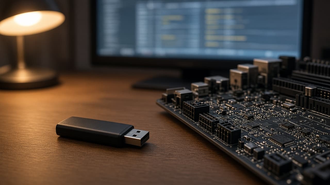 Symbolbild: USB-Stick neben einem Mainboard, im Hintergrund ein Monitor mit BIOS-Menü
