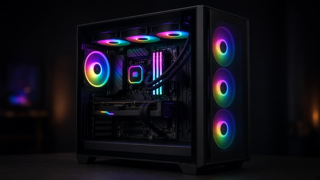 Gaming-PC mit bunter, synchronisierter RGB-Beleuchtung an Lüftern und Mainboard