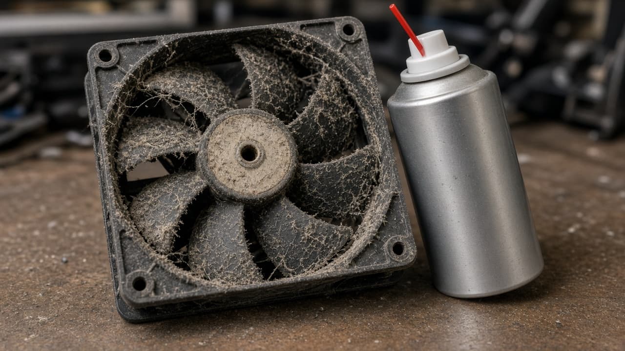 Staubiger PC-Lüfter vor der Reinigung mit Druckluftspray daneben