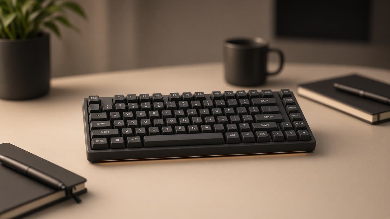 Kompakte mechanische Gaming-Tastatur mit dunklen Keycaps auf einem ruhigen Schreibtisch, dezentes Licht statt buntem RGB