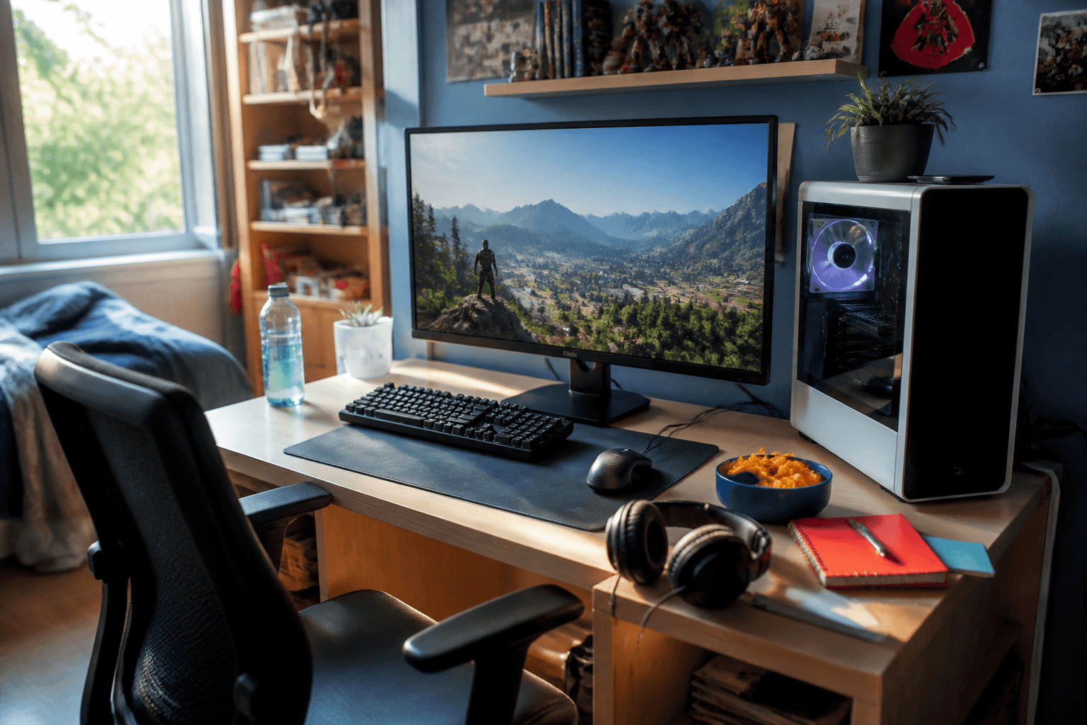 Heller, etwas bunter Gaming-Schreibtisch