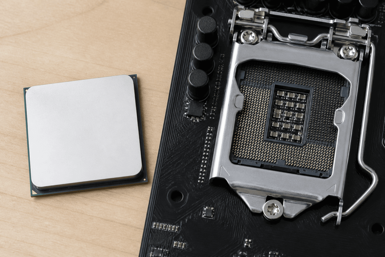 Prozessor neben einem offenen CPU-Sockel