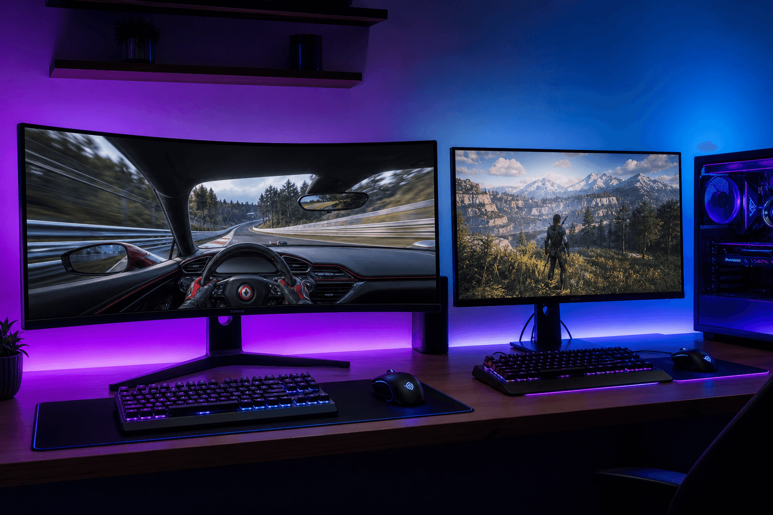 Sehr breiter gebogener Gaming-Monitor auf einem Schreibtisch
