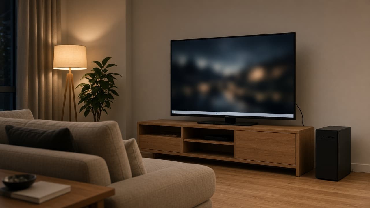 Symbolbild: Großer Fernseher im Wohnzimmer zeigt einen PC-Desktop, daneben steht ein Rechner