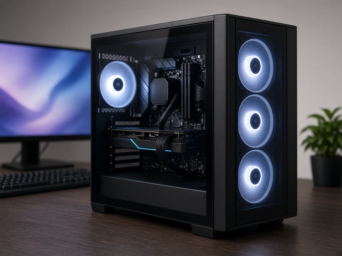 Fertig zusammengebauter Gaming-PC-Tower mit RGB-Lüftern auf einem Schreibtisch