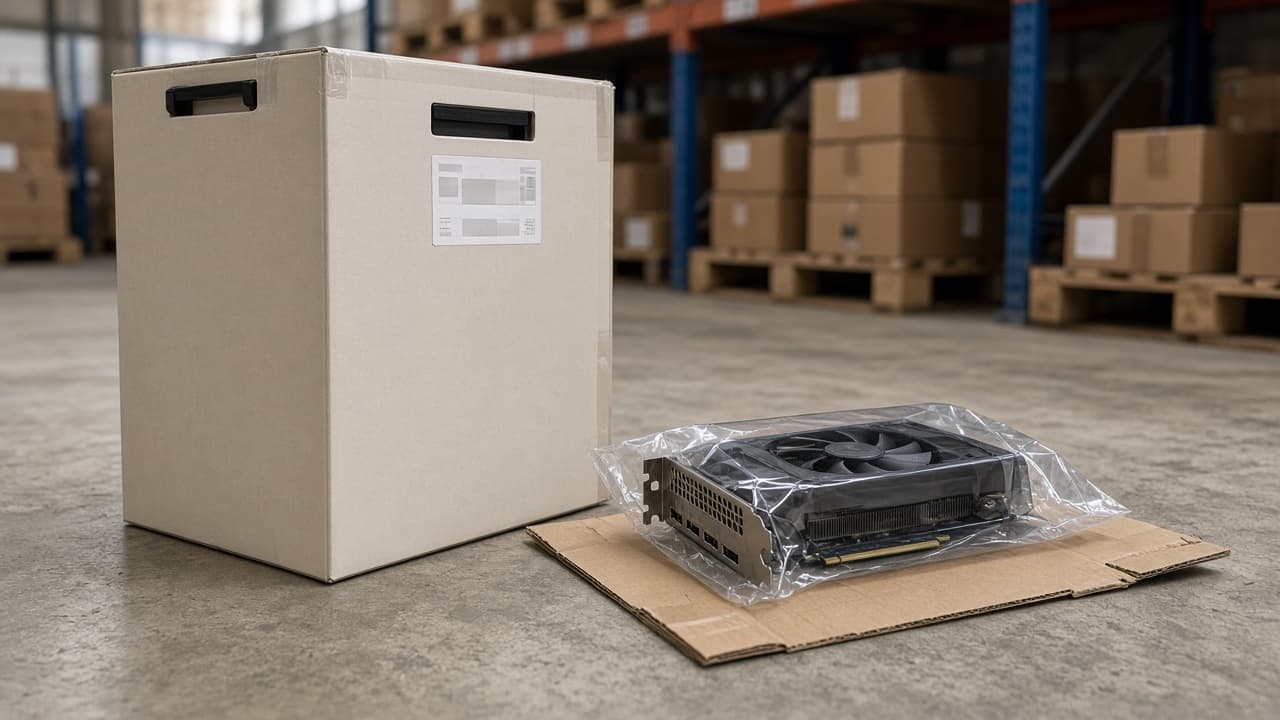 Symbolbild: Fertig-PC im Karton neben einer nackten Grafikkarte im Antistatikbeutel