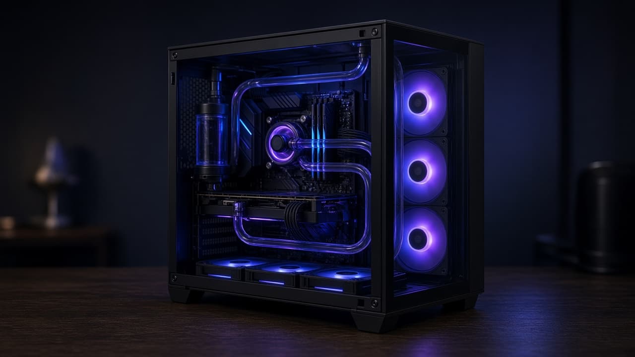 Symbolbild: Gaming-Tower mit RGB-Wasserkuehlung und Glasseite in dunkler Umgebung