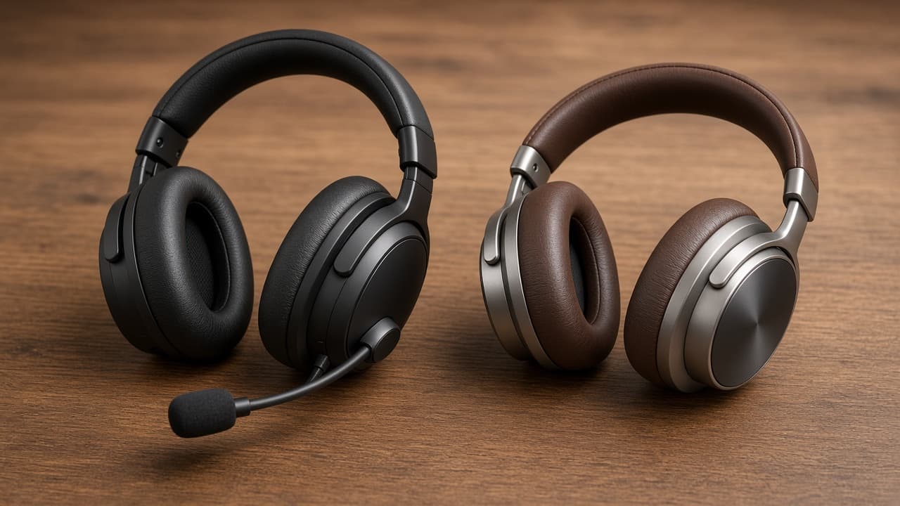 Gaming-Headset und klassischer Over-Ear-Kopfhörer nebeneinander auf einem Tisch