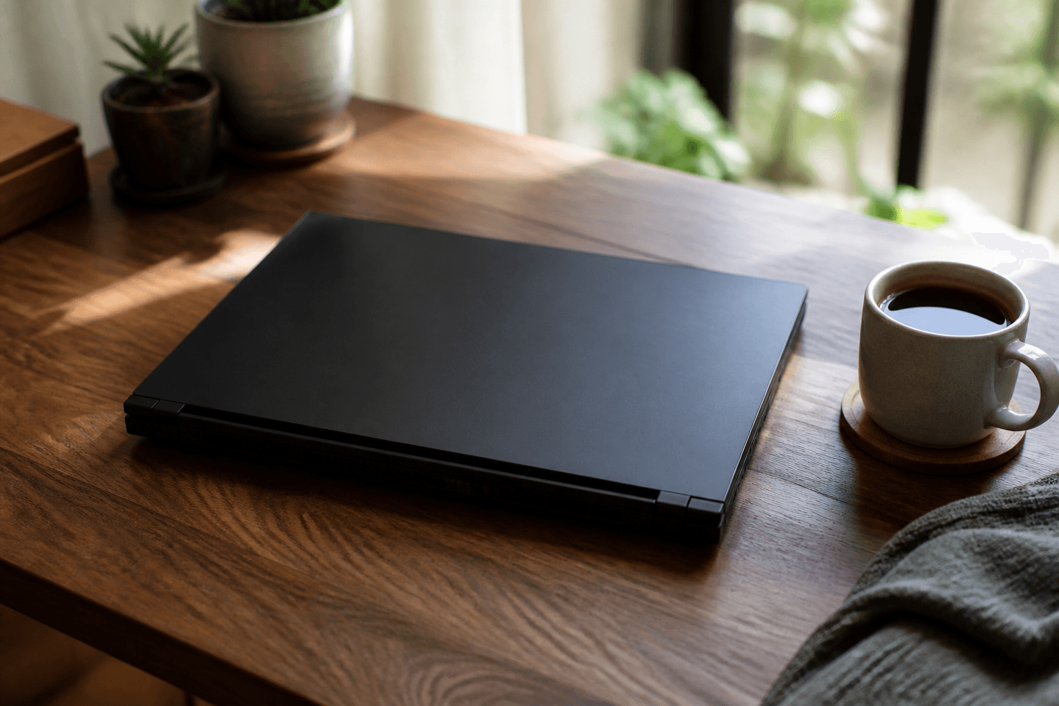 Geschlossener Gaming-Laptop auf einem Holzschreibtisch