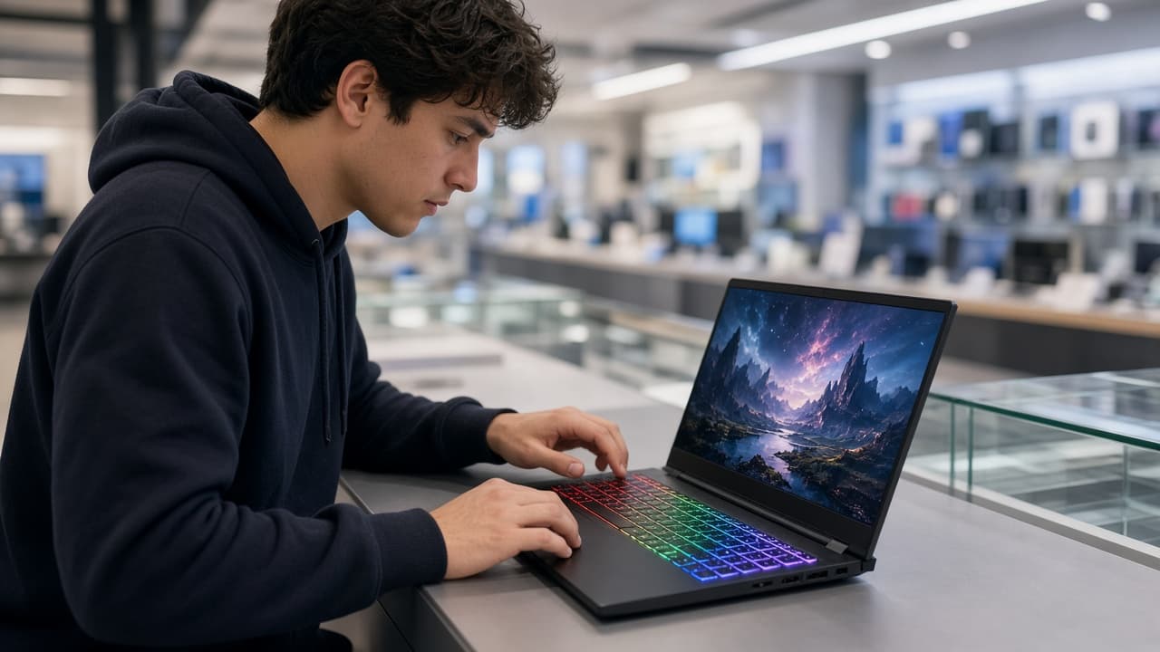 Person betrachtet aufgeklappten Gaming-Laptop in einem Elektronikgeschäft