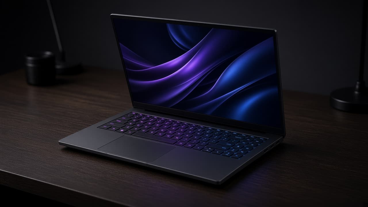 Symbolbild: Aufgeklapptes Gaming-Notebook mit violett beleuchteter Tastatur auf dunklem Schreibtisch