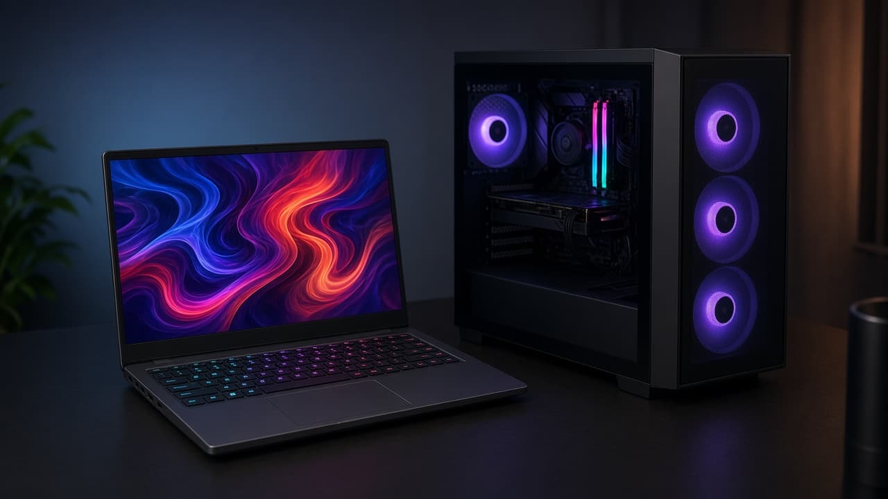 Gaming-Laptop und Desktop-Tower-PC nebeneinander auf einem Schreibtisch