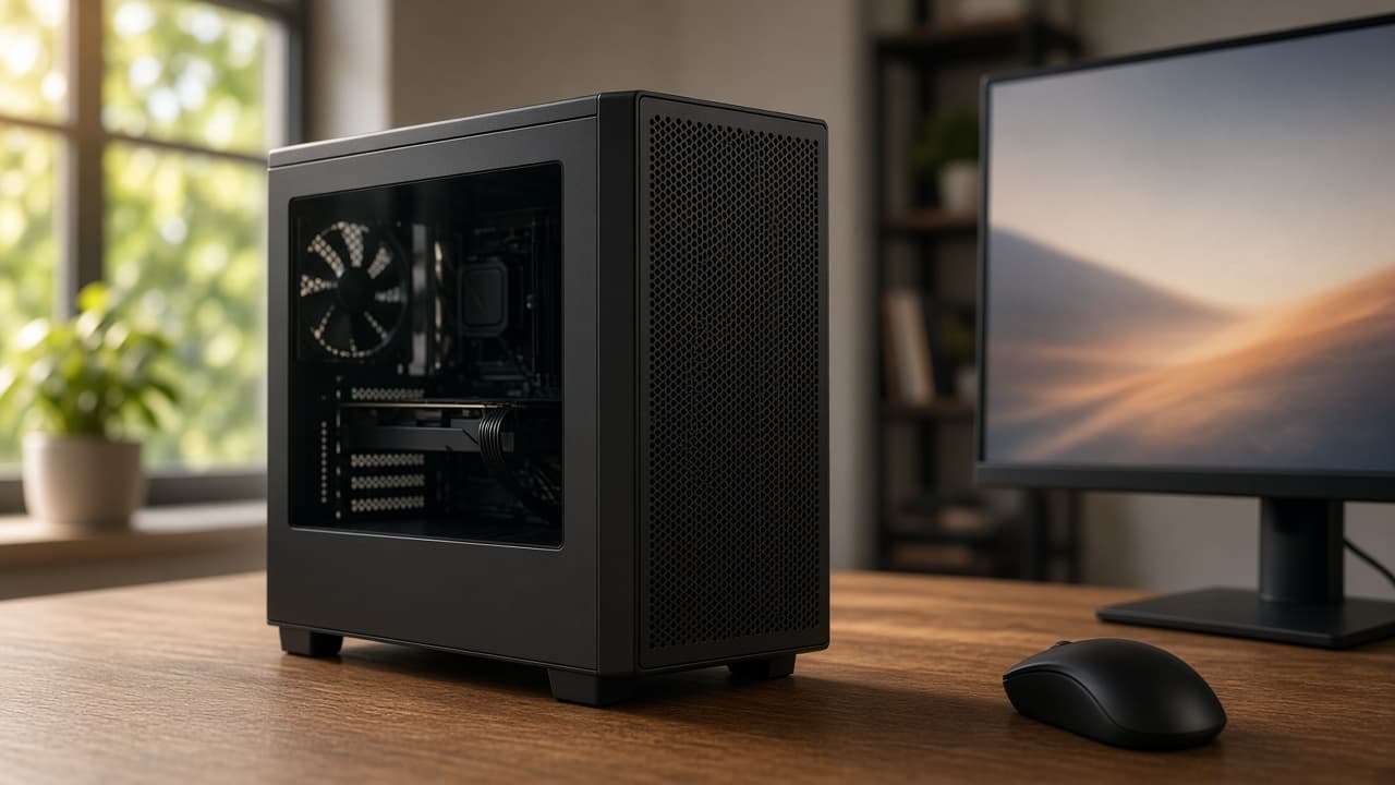Symbolbild: Fertiger Gaming-PC auf einem Schreibtisch neben einem Monitor