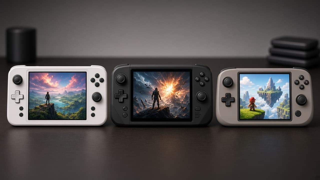 Drei Handheld-Gaming-PCs nebeneinander auf einem Tisch