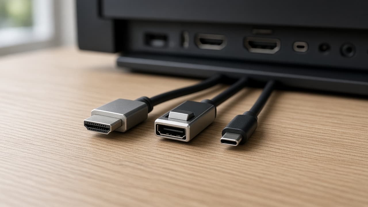 Symbolbild: HDMI-, DisplayPort- und USB-C-Stecker auf einem Schreibtisch