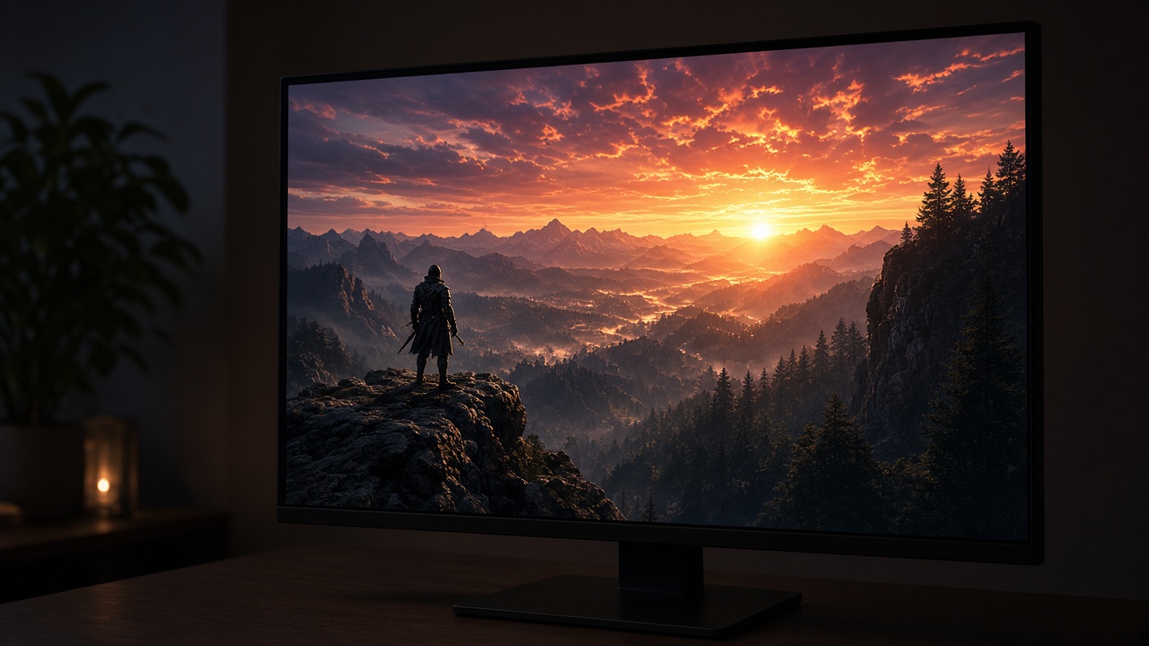 Gaming-Monitor zeigt eine Spielszene mit starkem Kontrast zwischen hellen und dunklen Bereichen