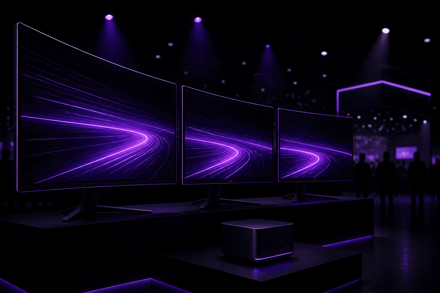 Drei geschwungene Gaming-Monitore mit violettem Leuchtrand und ein kompakter Mini-PC auf einer dunklen Messebühne, im Hintergrund verschwommene Standbesucher