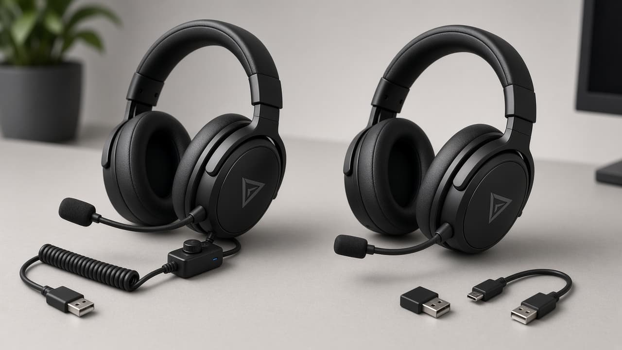 Gaming-Headset mit Kabel neben einem baugleichen kabellosen Modell derselben Serie auf einem Schreibtisch