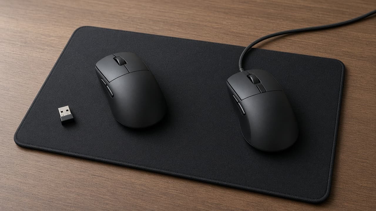 Zwei Gaming-Mäuse auf dem Pad: links Funk mit kleinem USB-Stick, rechts dieselbe Form mit sichtbarem Kabel