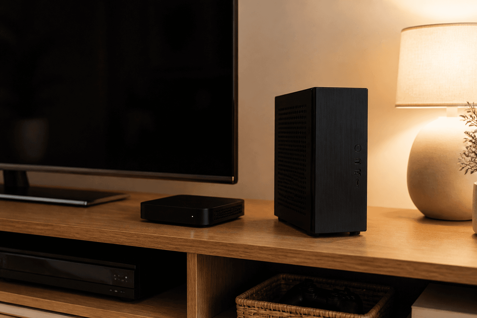 Konsole und PC-Tower im Wohnzimmer