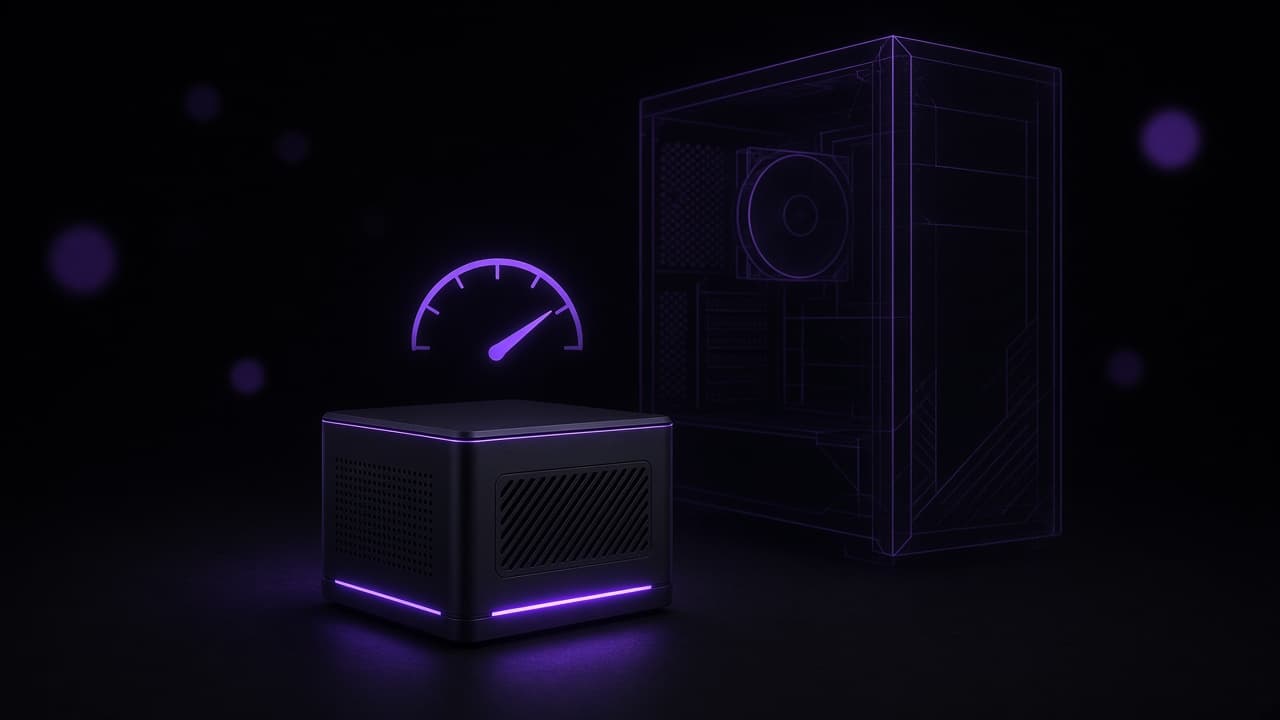 Ein kleiner Mini-PC mit violettem Leuchtstreifen im Vordergrund, im Hintergrund die violett umrissene Silhouette eines klassischen Gaming-Towers