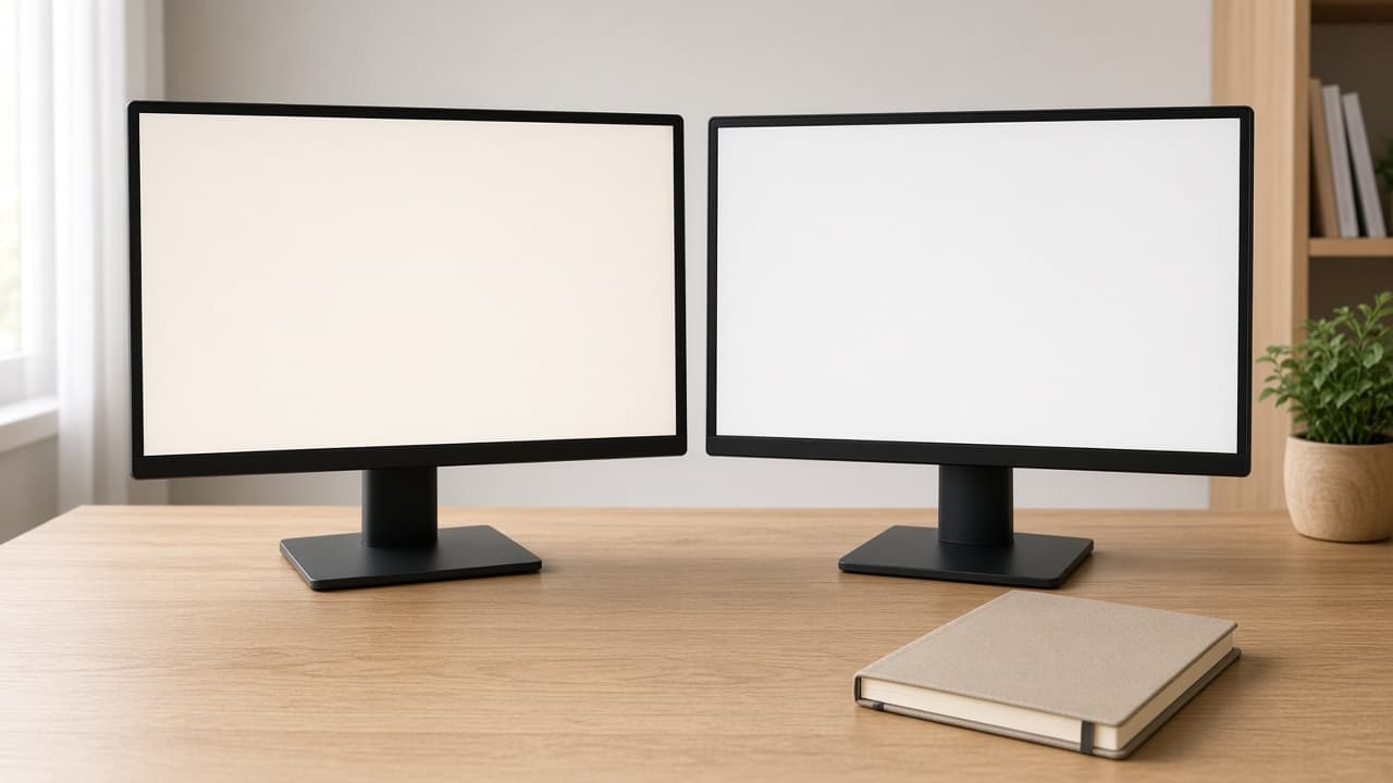 Symbolbild: Zwei Monitore nebeneinander, der linke mit wärmerem, dunklerem Weiß