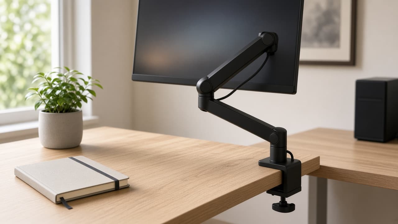 Symbolbild: Monitor an einem Arm über einem aufgeräumten Schreibtisch