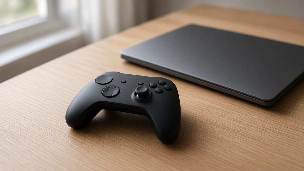 Symbolbild: Schwarzer Controller auf einem hellen Schreibtisch neben einem zugeklappten Laptop