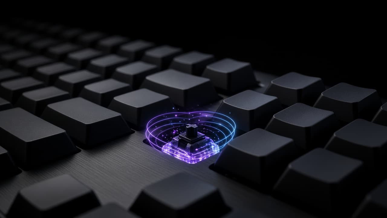Gaming-Tastatur mit geöffnetem Schaltergehäuse, Magnetsymbol als Illustration