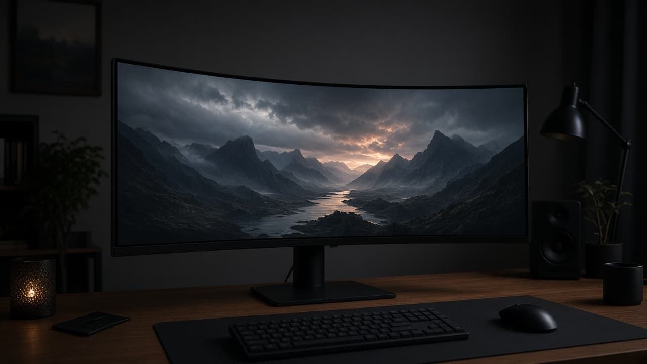 Symbolbild: Breiter Curved-Monitor auf einem Schreibtisch