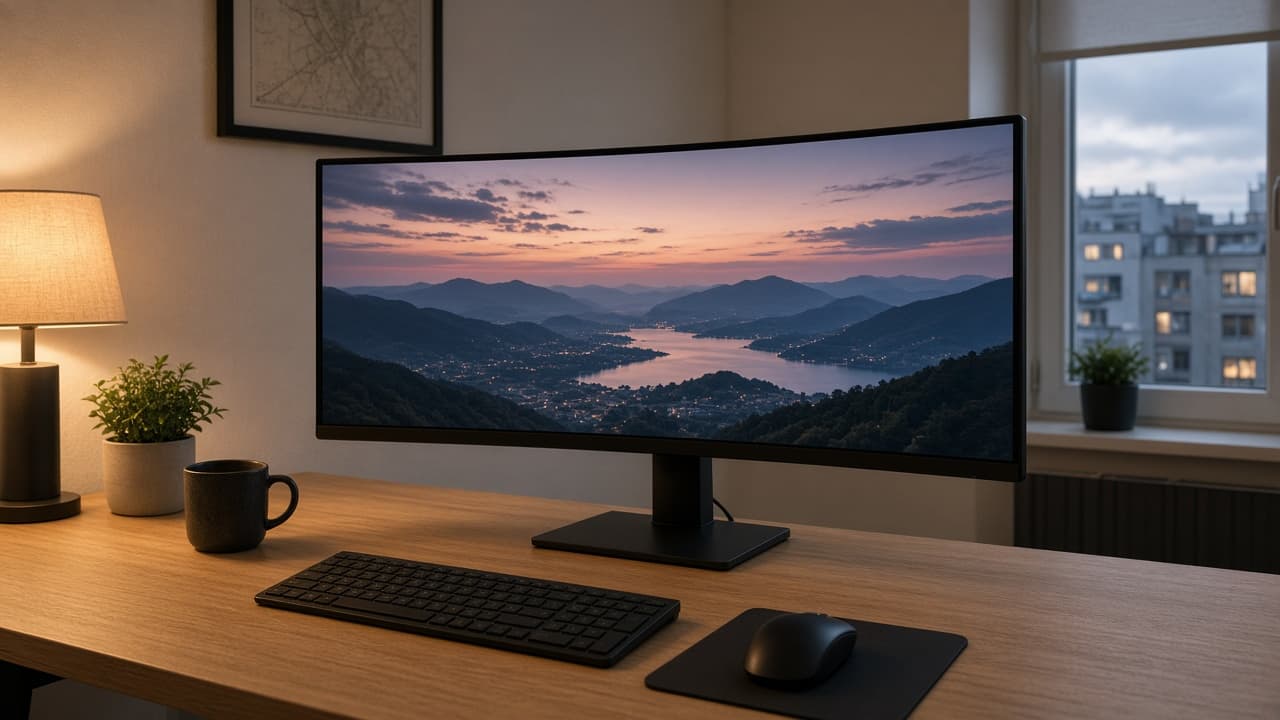 Symbolbild: Gebogener 34-Zoll-Ultrawide auf einem hellen Schreibtisch, ohne zweite Bildschirmfläche