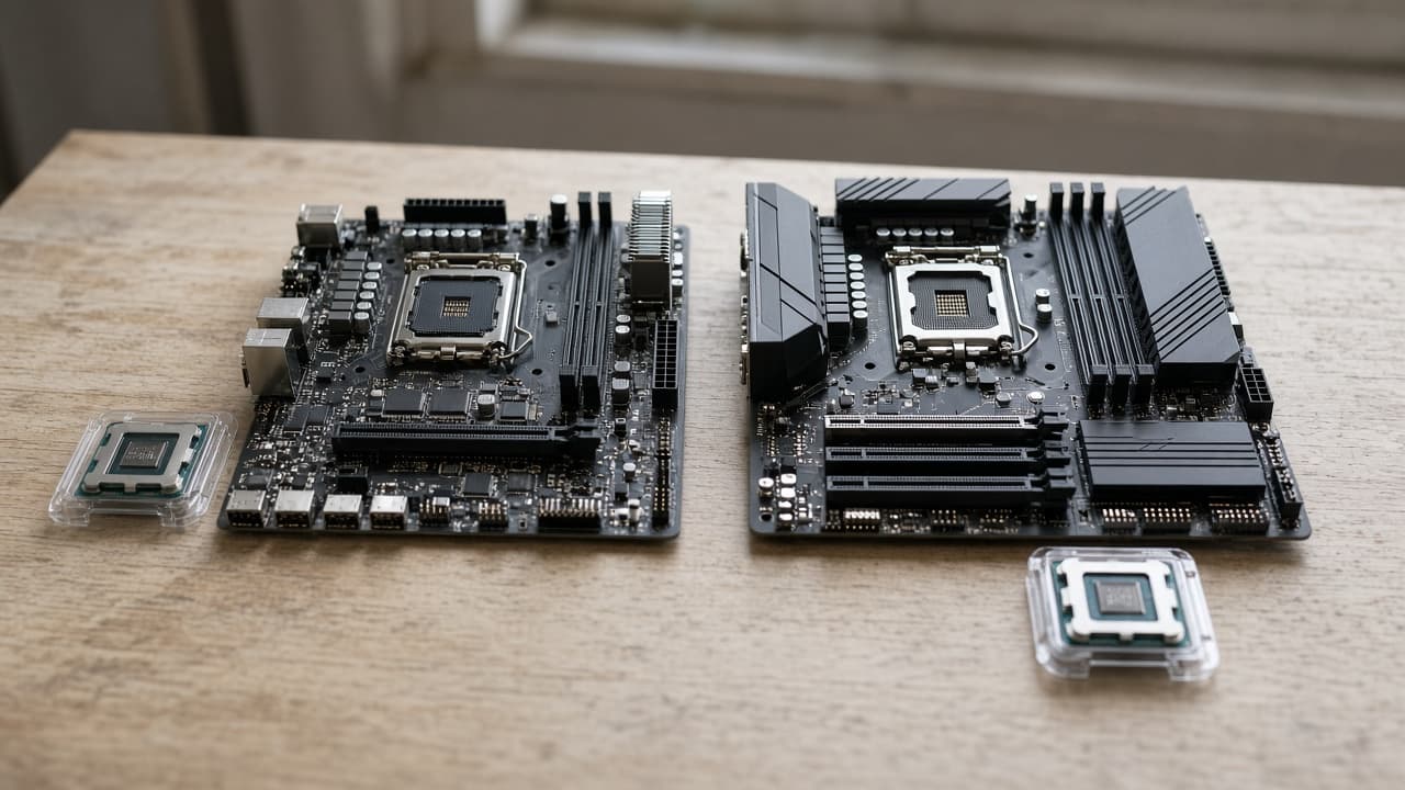 Zwei geöffnete Mainboards nebeneinander: links älterer Steckplatz mit DDR4-Riegeln, rechts aktueller Steckplatz mit DDR5-Riegeln