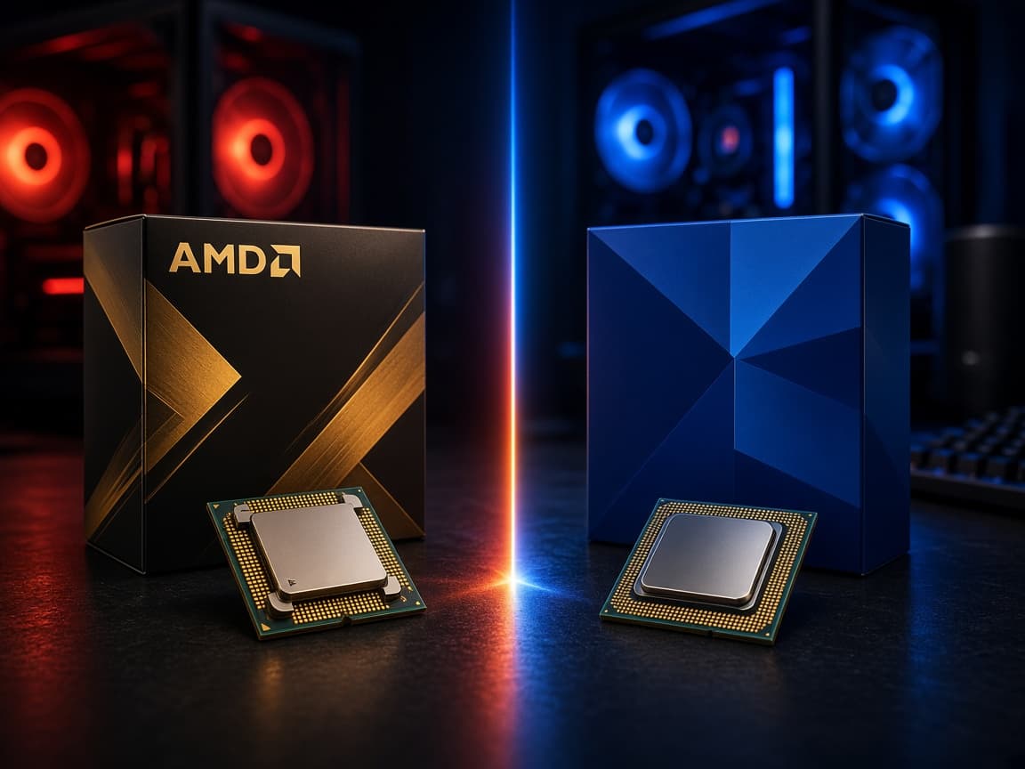 AMD Ryzen 9 9950X3D und Intel Core Ultra 9 285K Prozessoren nebeneinander
