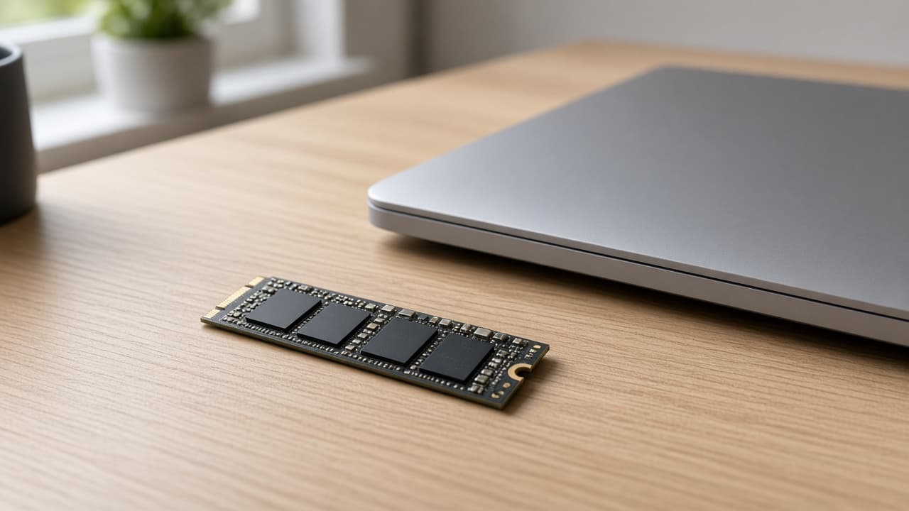 Symbolbild: M.2-SSD ohne Kühlkörper auf einem Holzschreibtisch neben einem geschlossenen Laptop