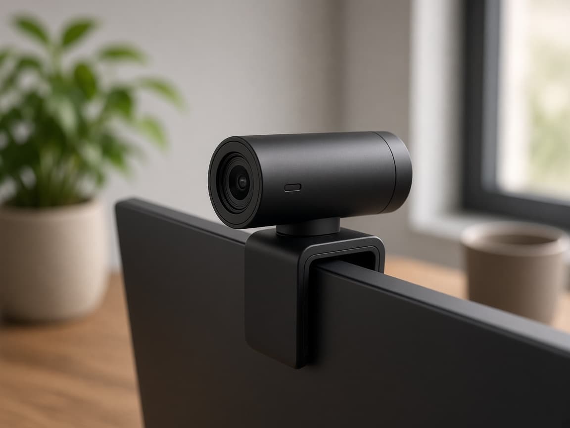 Symbolbild: Webcam auf der Oberkante eines Monitors, im Hintergrund ein Homeoffice-Schreibtisch