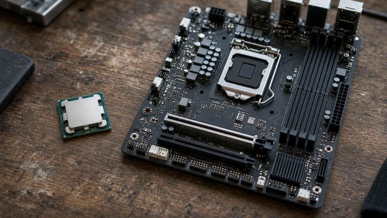 AM4-Mainboard auf einem Schreibtisch neben einem Prozessor