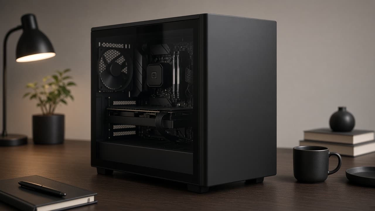 Geschlossenes, gedämmtes PC-Gehäuse in Mattschwarz auf einem ruhigen Schreibtisch, Glas-Seitenteil zeigt ein aufgeräumtes Innenleben