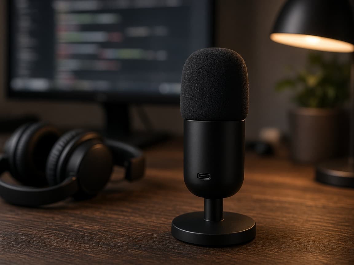 USB-Mikrofon auf einem Schreibtischständer neben einem Monitor