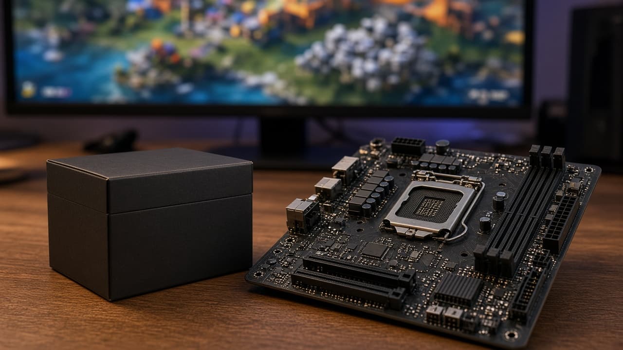 CPU-Box neben Mainboard, im Hintergrund läuft eine Städtebau-Simulation auf einem Monitor