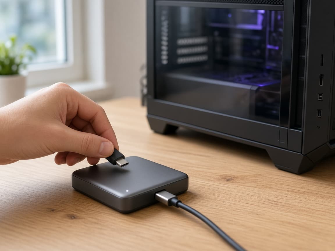 Externe SSD wird per Kabel an einen Gaming-PC angeschlossen