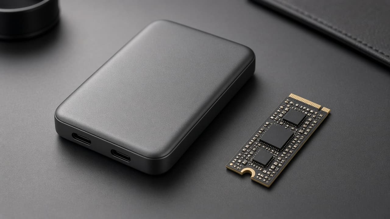 Externe SSD neben einer internen M.2-SSD auf einem Schreibtisch