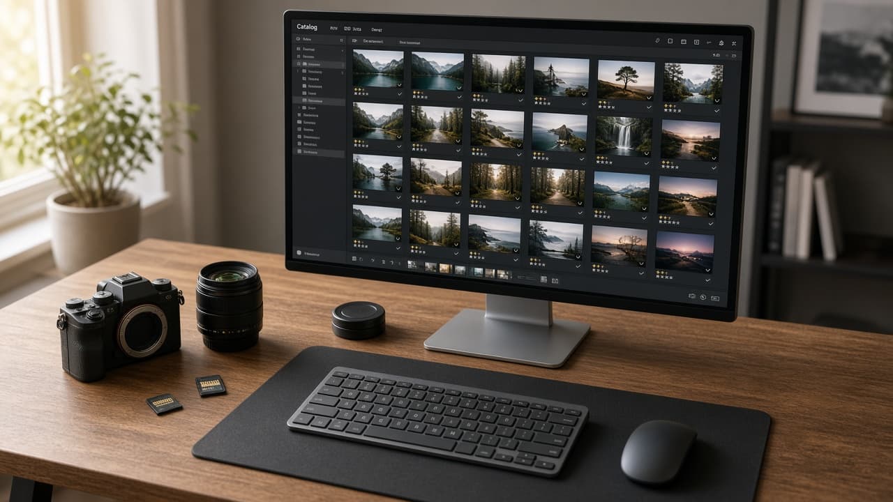 Schreibtisch mit Kamera, Objektiv und SD-Karten vor einem Monitor mit Foto-Katalog-Ansicht