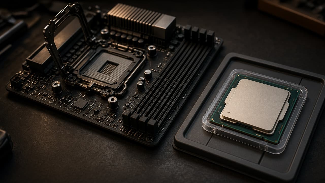 Symbolbild: AM5-Mainboard mit eingesetzter CPU und einem zweiten Prozessor im Tray daneben