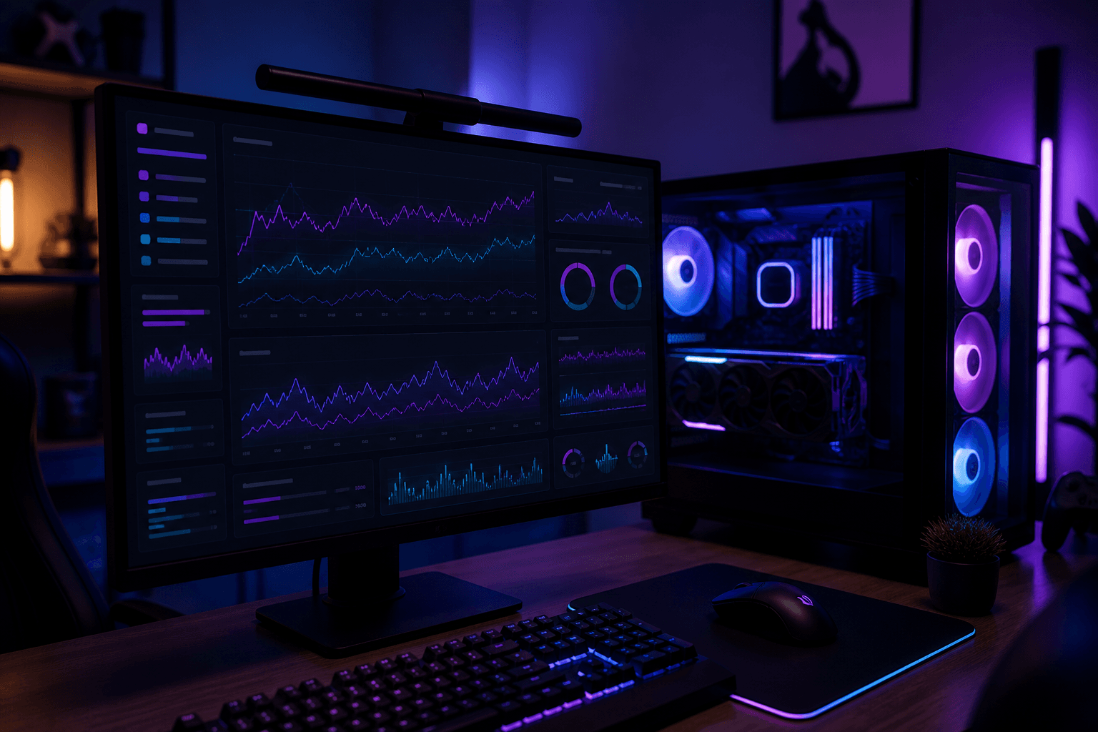 Gaming-Schreibtisch mit Diagrammen auf dem Monitor