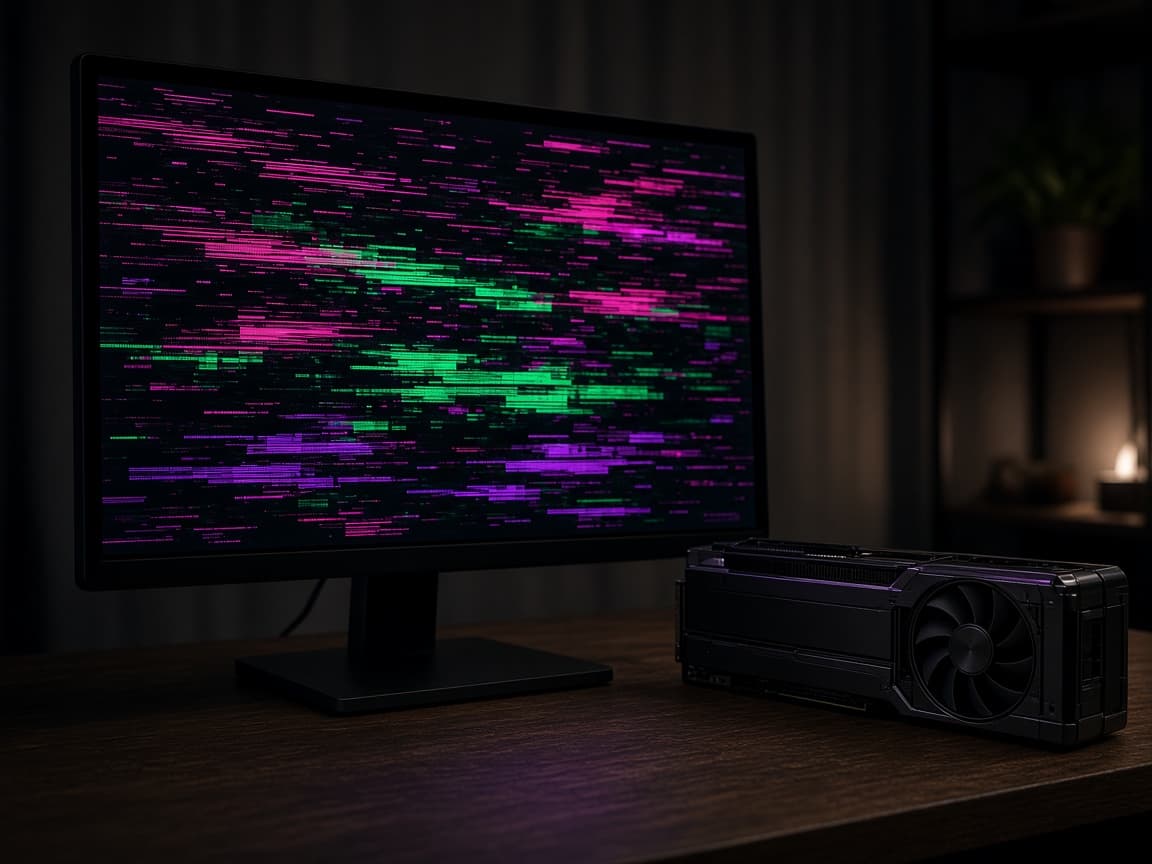 Monitor mit bunten Streifen und Blöcken, daneben eine Grafikkarte
