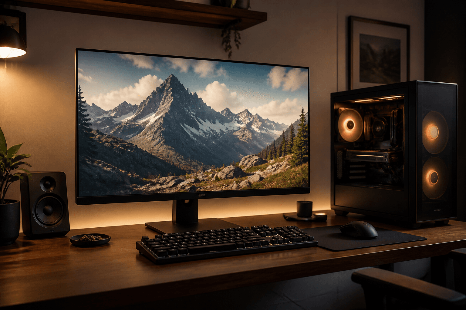 Großer Monitor und PC im Abendlicht