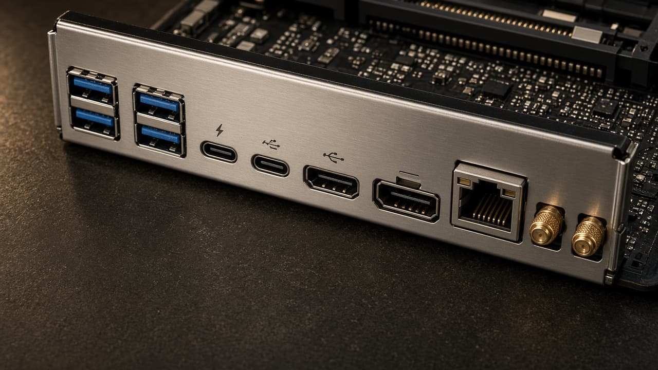 Rückseite eines Mainboards mit USB-A, USB-C und Thunderbolt-Anschlüssen