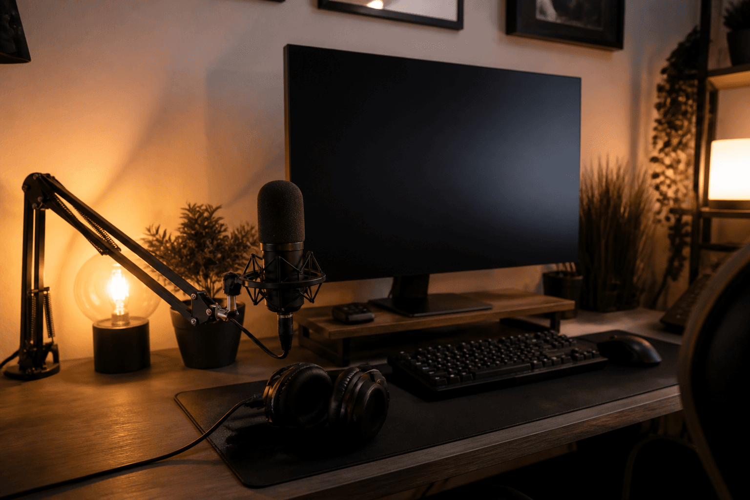 Mikrofon und Headset an einem Streaming-Schreibtisch